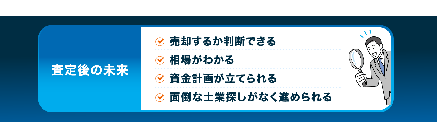査定後の未来。売却するか判断できる・相場がわかる・資金計画が立てられる・面倒な士業探しがなく進められる